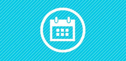 Circular white icon of a calendar on a cyan background.
