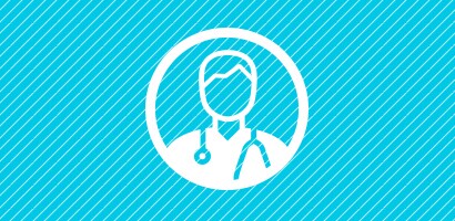 Circular white icon of clinician wearing Littmann stethoscope on cyan background.

