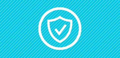 Circular white icon of a check mark on a shield, all on a cyan background.
